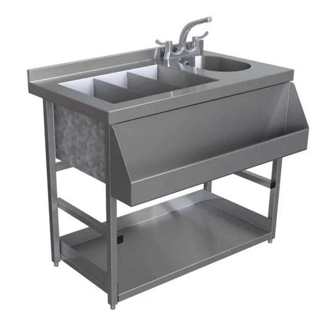 Stainless steel sink with faucet on a white background