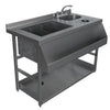 Stainless steel sink with faucet on a white background