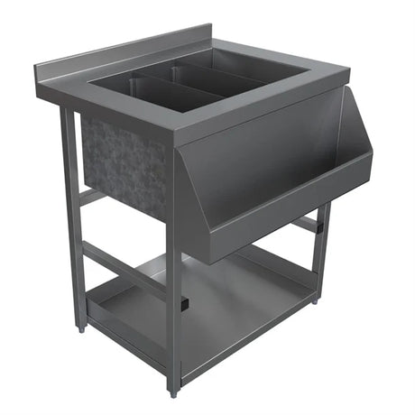 Gray metal workbench with a sink on a white background