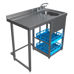 Stainless steel kitchen prep table with sink and blue crates below on a white background
