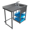 Stainless steel kitchen prep table with sink and blue crates below on a white background