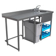 Stainless steel kitchen workbench with sink, trash bin, and blue storage rack on a white background