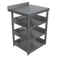 Gray metal workbench with a flat top and shelves on a white background