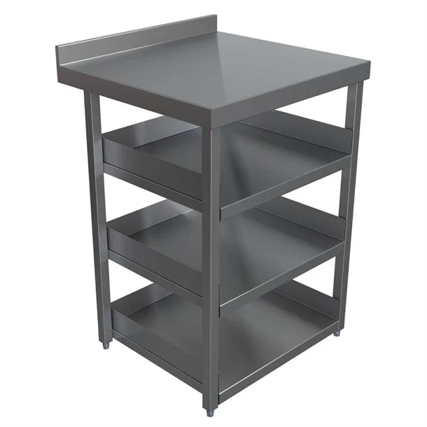 Gray metal workbench with a flat top and shelves on a white background