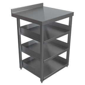 Gray metal workbench with a flat top and shelves on a white background