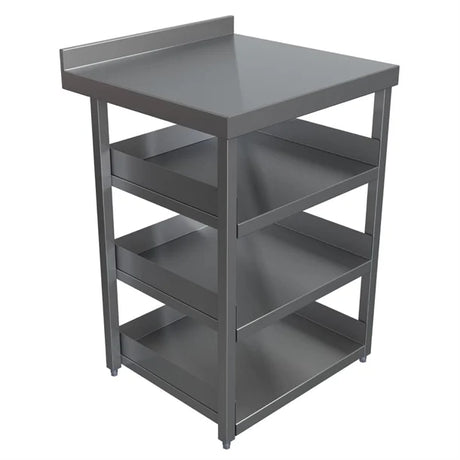 Gray metal workbench with a flat top and shelves on a white background