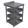 Gray metal workbench with a flat top and shelves on a white background