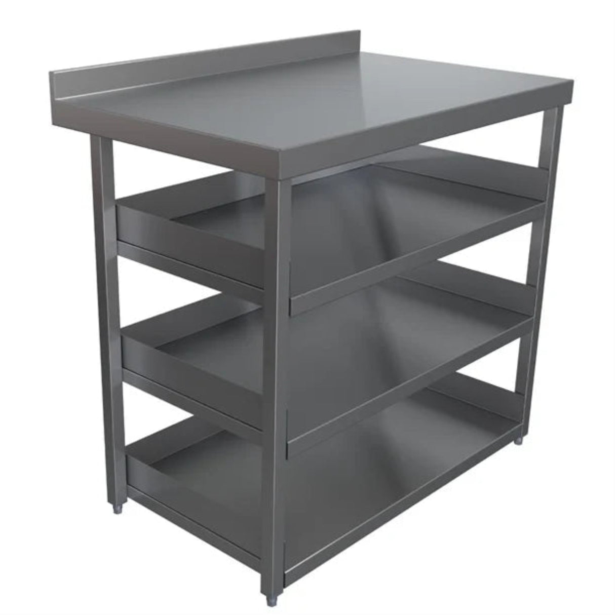 Gray metal workbench with shelves on a white background