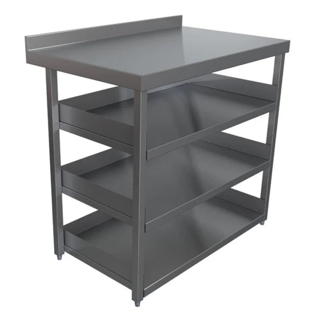 Gray metal workbench with shelves on a white background