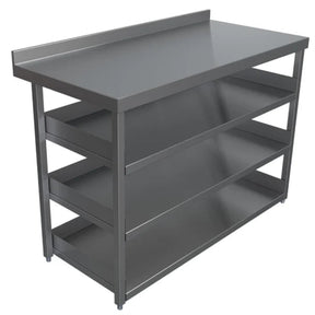 Gray metal workbench with shelves on a white background