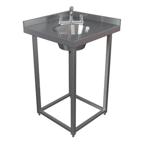 Stainless steel sink on a stand with a white background