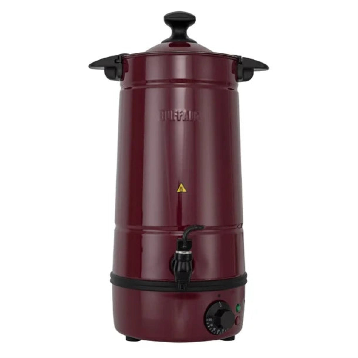 Maroon coffee urn with black accents on a white background