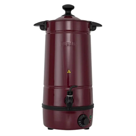 Maroon coffee urn with black accents on a white background