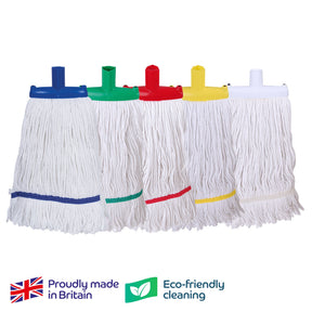 Four mops with colored handles on a white background, featuring 'Proudly made in Britain' and 'Eco-friendly cleaning' text.