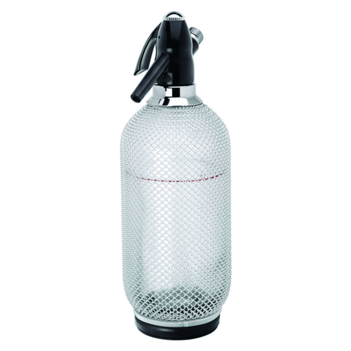 Clear mesh soda siphon with black nozzle on a white background