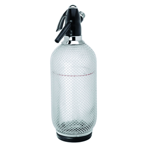 Clear mesh soda siphon with black nozzle on a white background