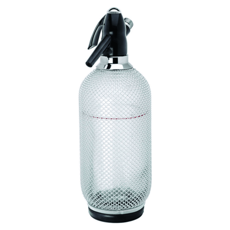 Clear mesh soda siphon with black nozzle on a white background