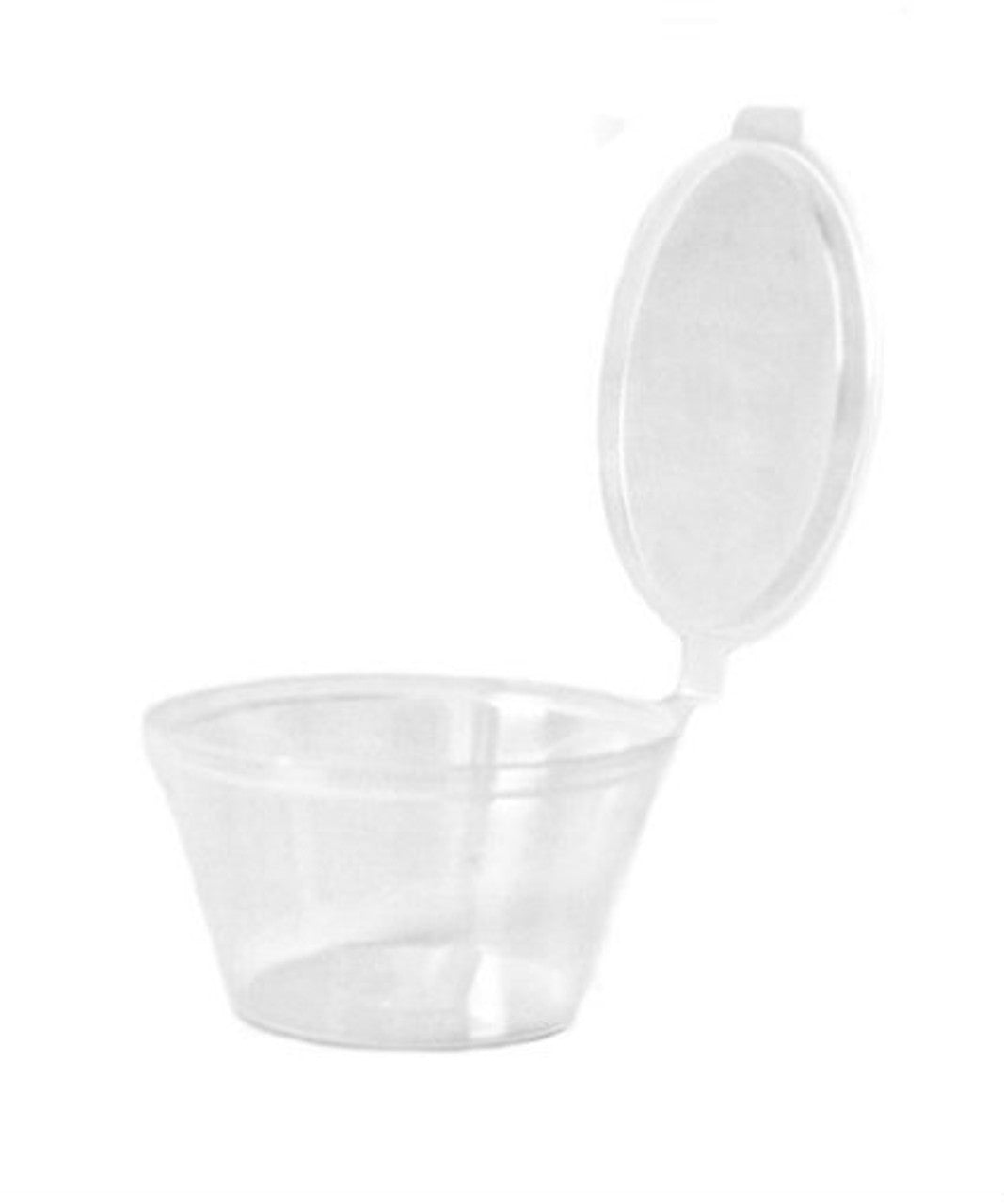 Clear plastic sauce pot with a  lid on a white background