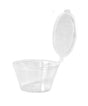 Clear plastic sauce pot with a  lid on a white background