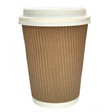 Brown paper cup with a white lid on a white background