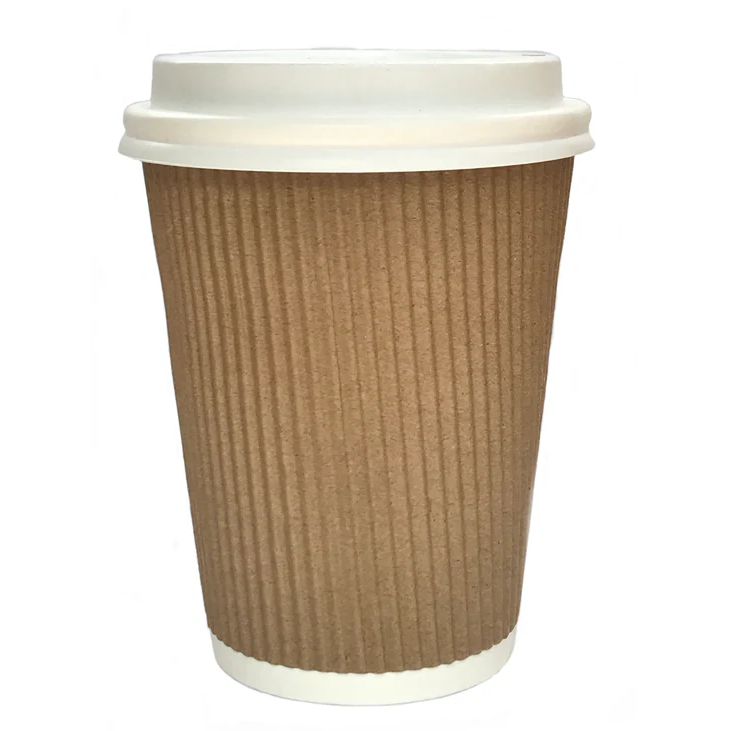 Brown paper cup with a white lid on a white background