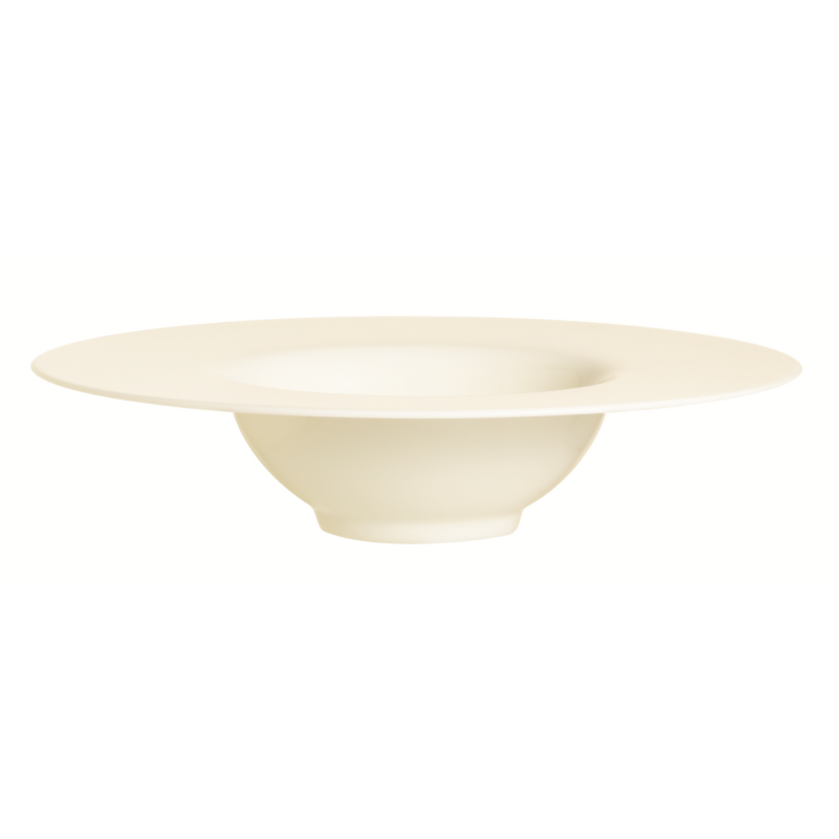An off-white ceramic deep bowl with a wide, shallow rim, shown against a solid white background.