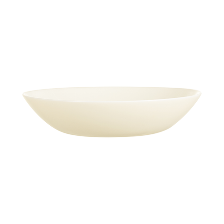 A minimalist, wide oval ceramic bowl in a warm cream or off-white color, shown from a side profile against a solid white background.