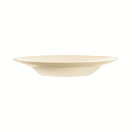A minimalist, shallow round plate in a warm cream or ivory color, shown from a side profile against a solid white background.