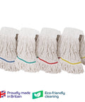 Four white mops with colored bands on a white background, featuring 'Proudly made in Britain' and 'Eco-friendly cleaning' logos.