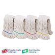 Four white mops with colored bands on a white background, featuring 'Proudly made in Britain' and 'Eco-friendly cleaning' logos.