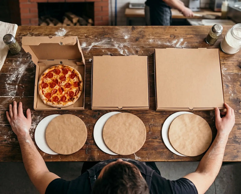 Overhead view of a pizza preparation setup on a rustic wooden table, showing an open box with a pepperoni pizza, two closed cardboard pizza boxes, three round pizza bases, and a person's arms resting on the table.