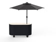 A modern outdoor cart with a black canopy umbrella mounted on top, featuring a dark gray body, a light beige top surface, and small black wheels, shown on a white background.