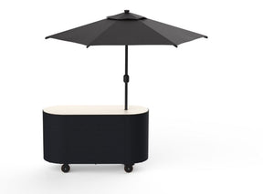 A modern outdoor cart with a black canopy umbrella mounted on top, featuring a dark gray body, a light beige top surface, and small black wheels, shown on a white background.