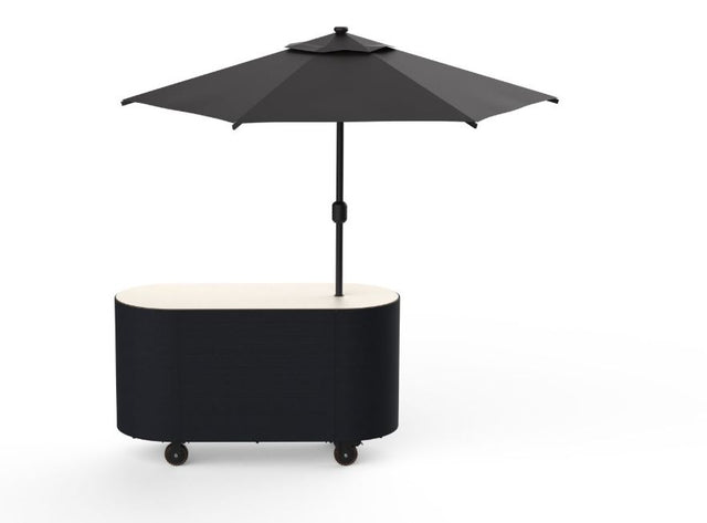 A modern outdoor cart with a black canopy umbrella mounted on top, featuring a dark gray body, a light beige top surface, and small black wheels, shown on a white background.