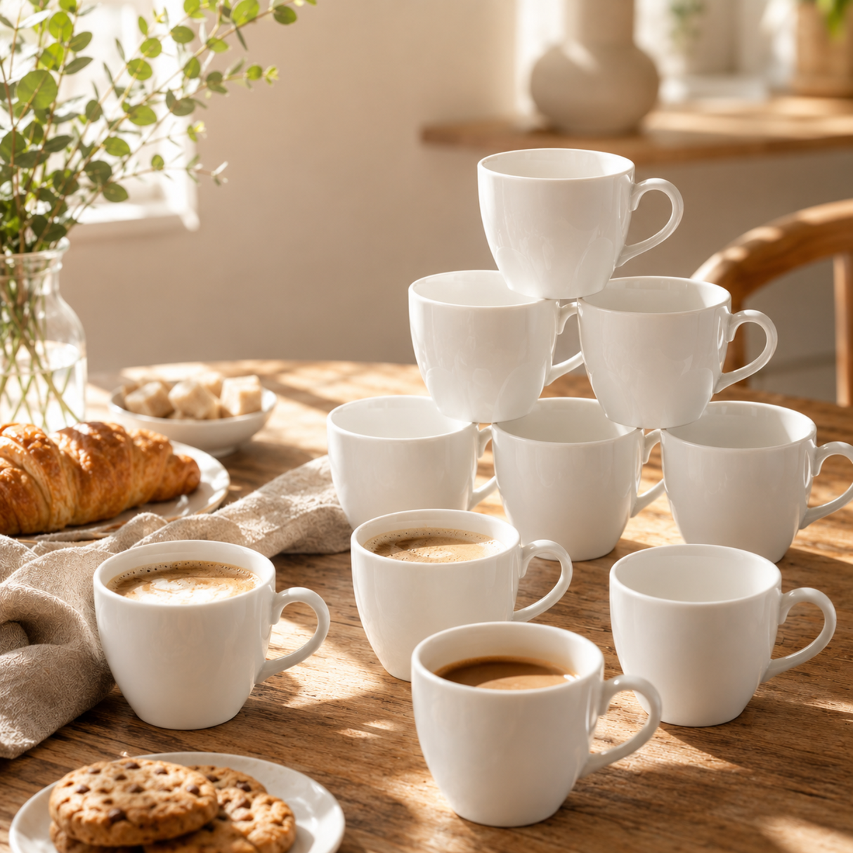 A set of white ceramic coffee cups arranged on a wooden table in a warm, sunlit breakfast setting, with croissants, cookies, and a glass of coffee nearby.