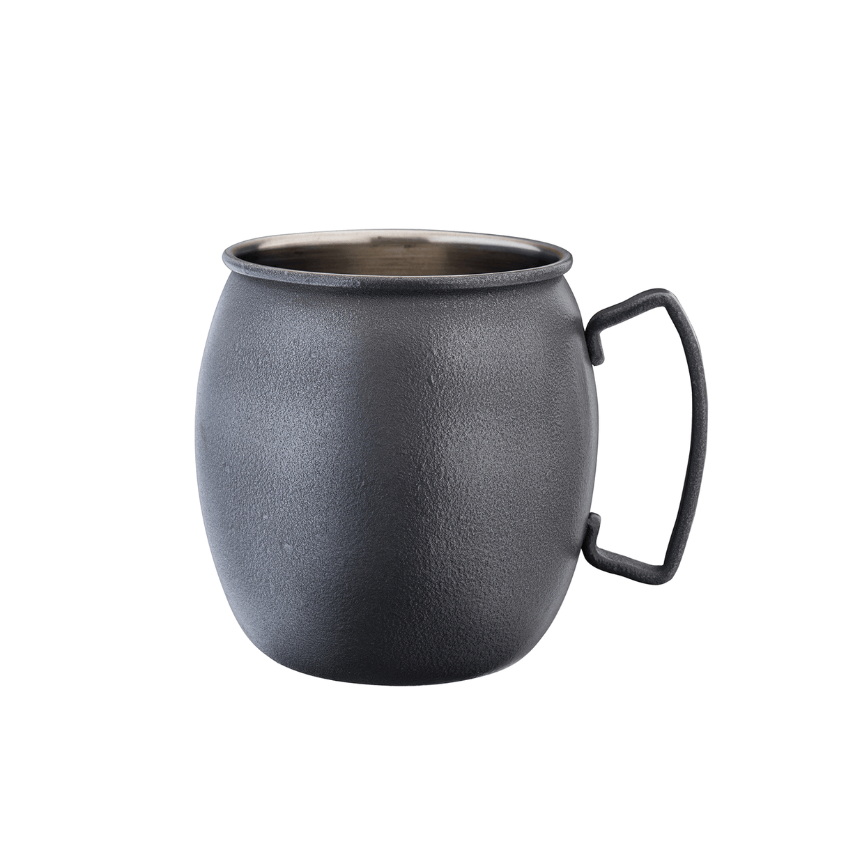 Black textured mug with a handle on a white background
