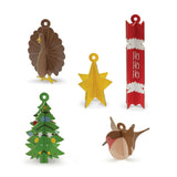 Set of colorful Christmas-themed paper ornaments on a white background