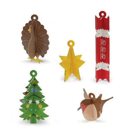 Set of colorful Christmas-themed paper ornaments on a white background