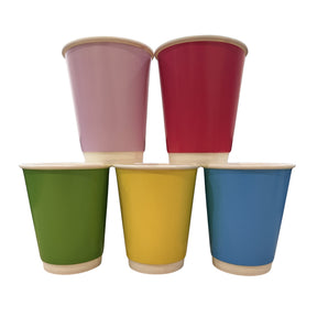 Five paper cups in different colors arranged in two rows on a plain white background: two mauve and red cups in the back, and one green, one yellow, and one blue cup in the front.