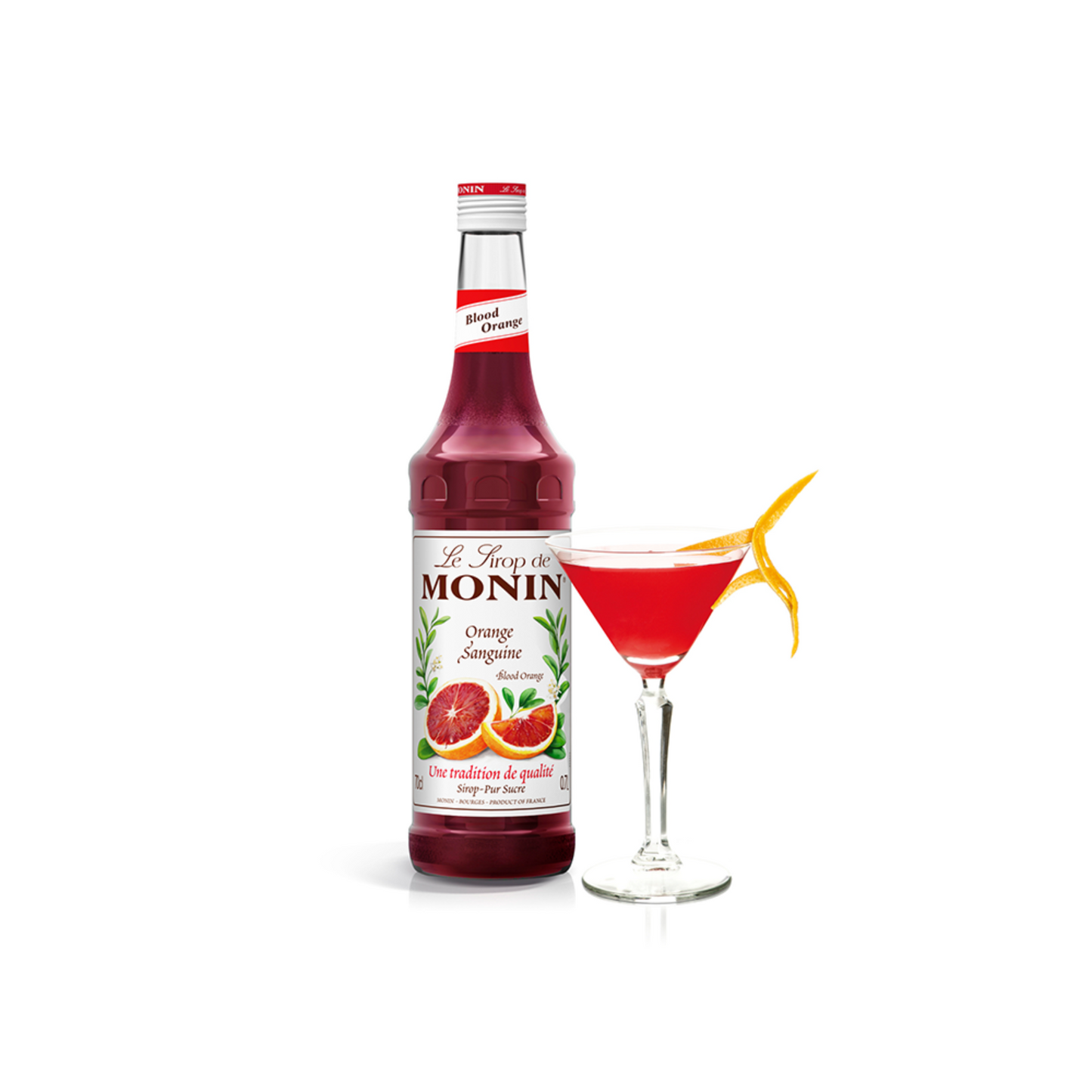 Monin Blood Orange Syrup bottle and cocktail