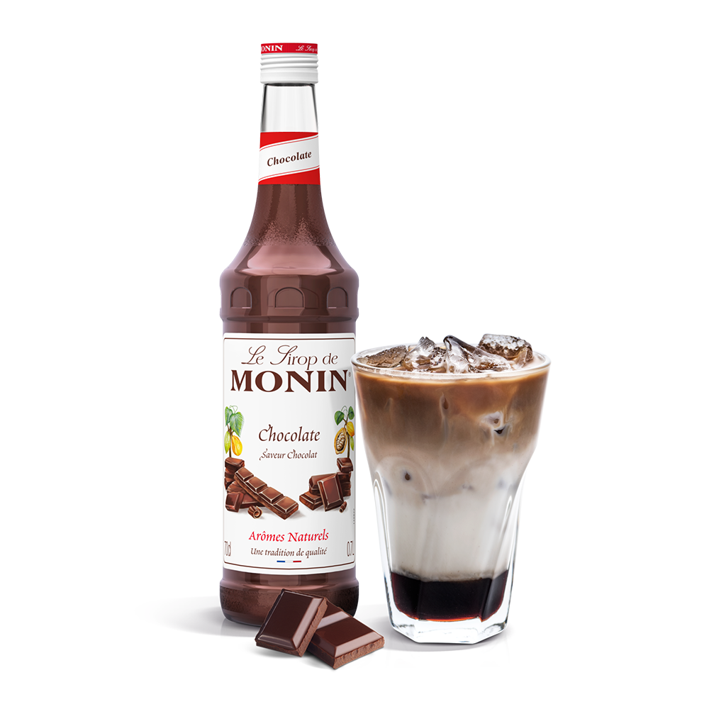 Monin Chocolate Syrup 70cl bottle and a milky drink