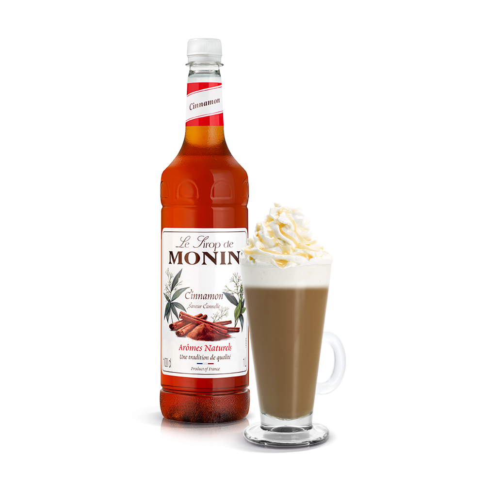 Monin Cinnamon Syrup bottle and a coffee