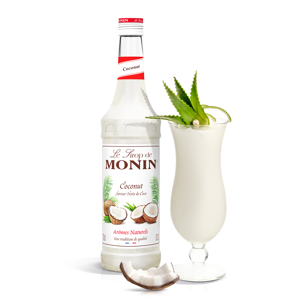 Monin Coconut Syrup 70cl bottle and drink