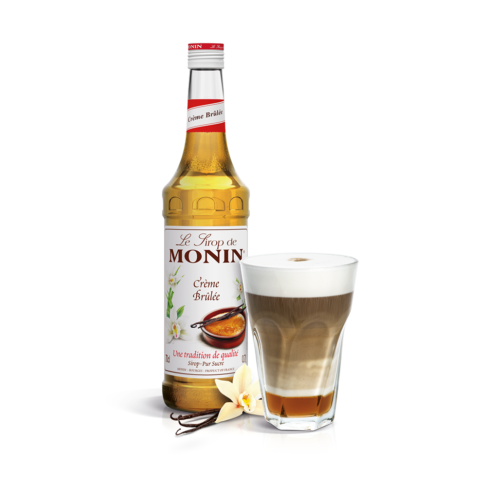 Monin Creme Brulee syrup 1 Ltr bottle and a cofee