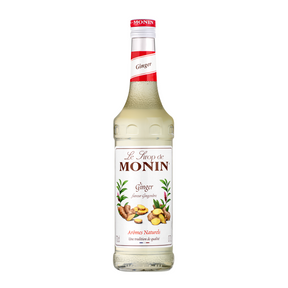 Monin ginger syrup bottle on a white background