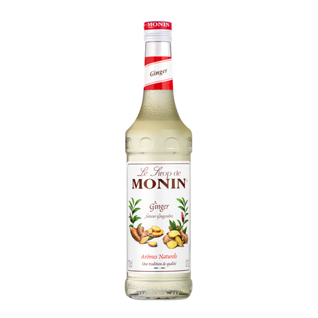 Monin ginger syrup bottle on a white background