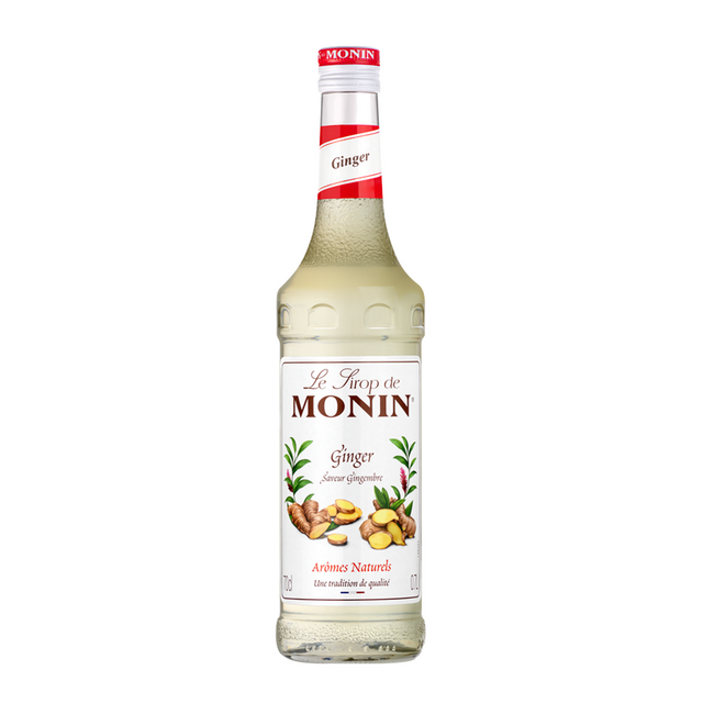 Monin ginger syrup bottle on a white background