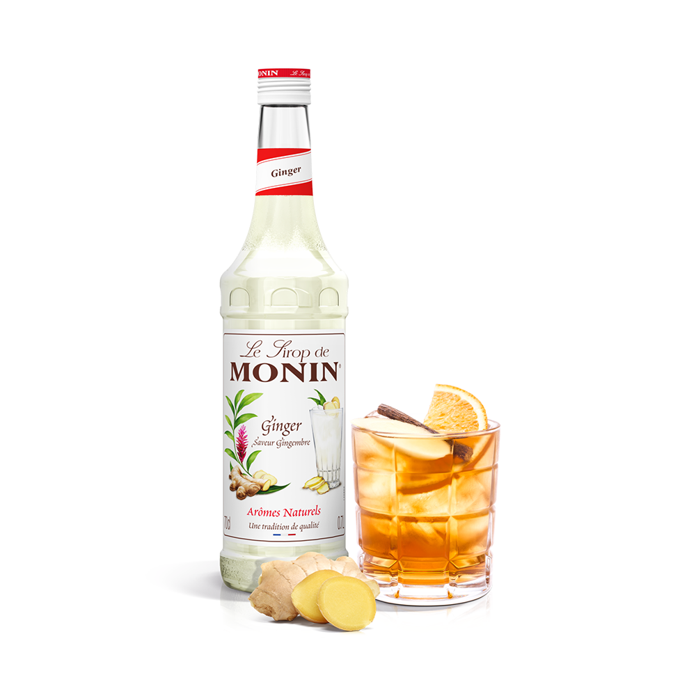 Monin Ginger Syrup bottle and a short drink