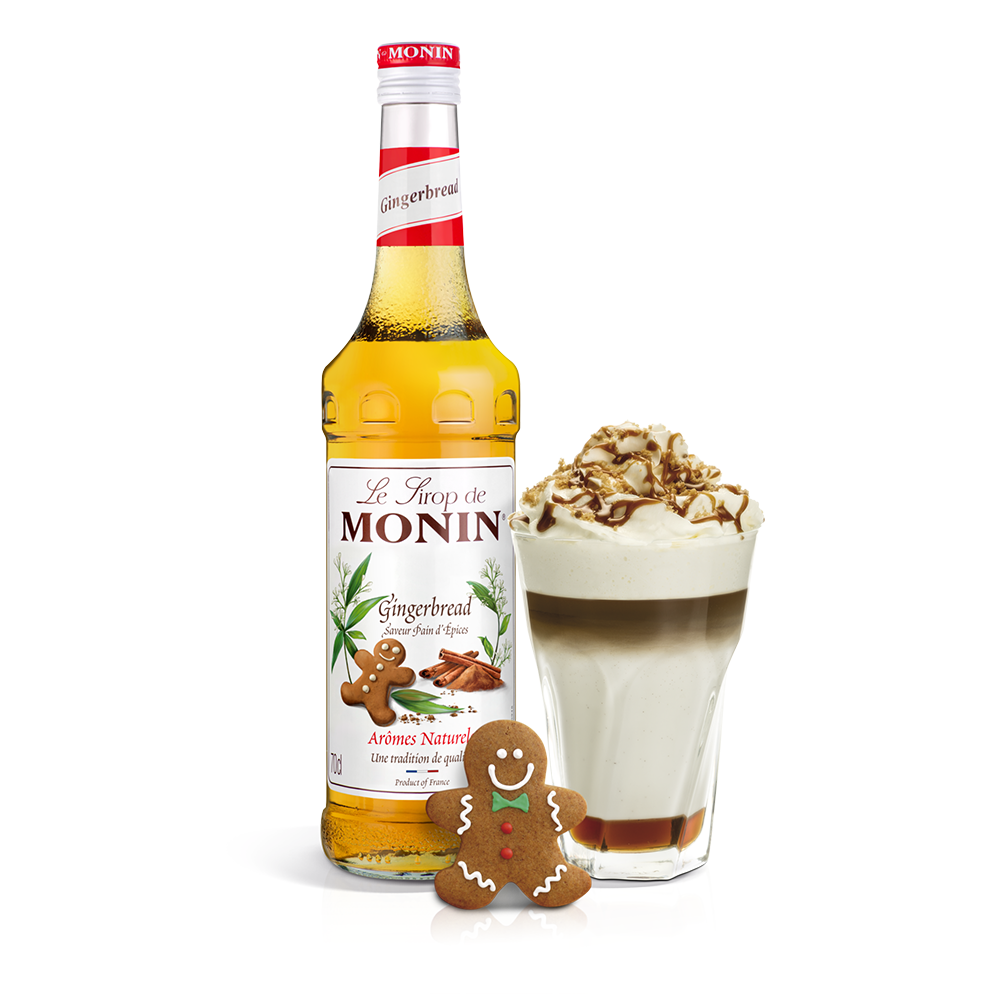 Monin Gingerbread Syrup bottle and milky drink