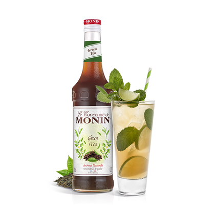 Monin Green Tea Syrup bottle and drink